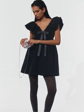 Anthropologie Endless Rose Black Velvet Ruffle-Sleeve Mini Dress with Front Bow